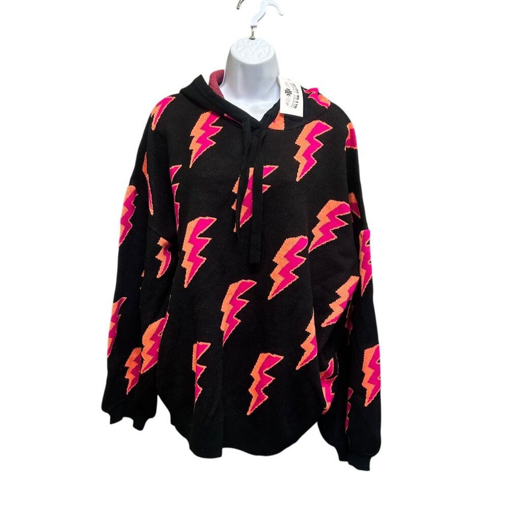NWT Crazy Train Black Lightning Bolt Hooded Sweater Size 2XL Neon Pink Orange